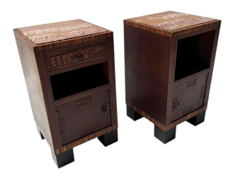 Two Art Deco Nightstands or Bedside Tables with Multi-Colored Marble Tops, 1930s